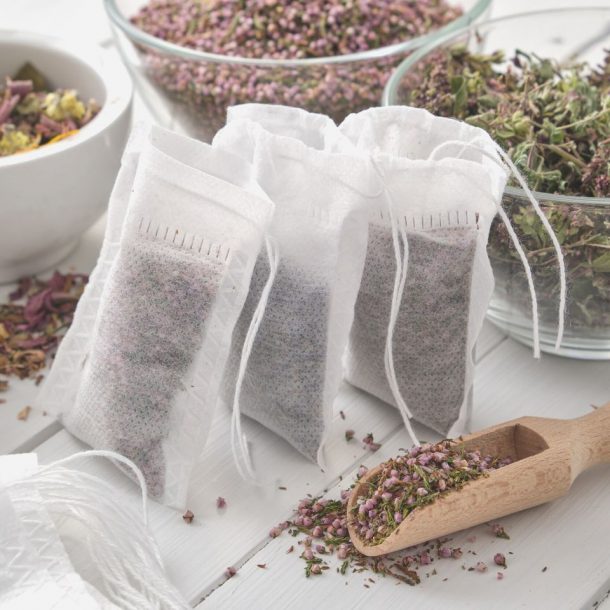 filter tea bags filled with healthy medicinal herbs