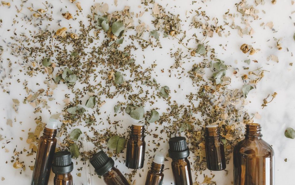 essential oil bottles and herbal medicine on white surface
