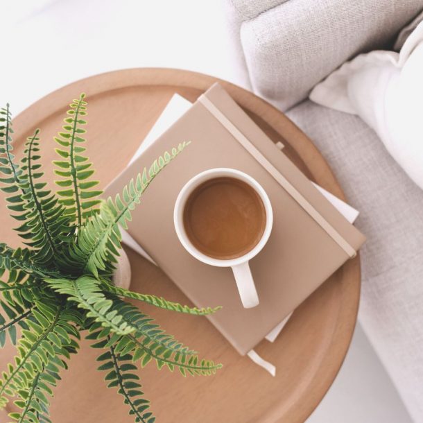 cup of coffee on books next to a plant