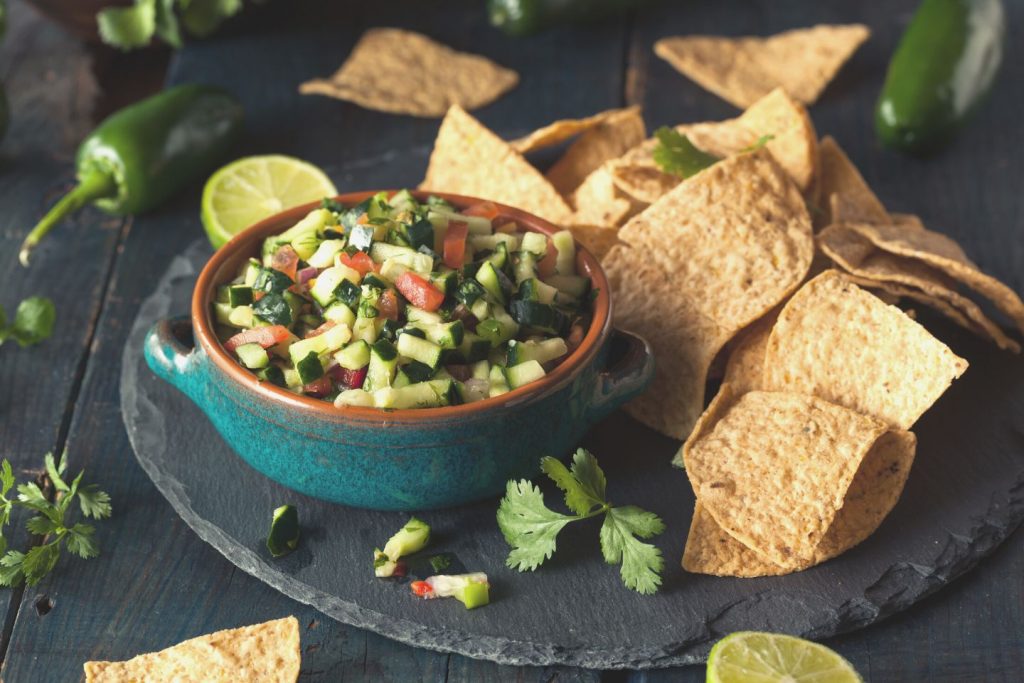 raw homemade cucumber pico de gallo salsa