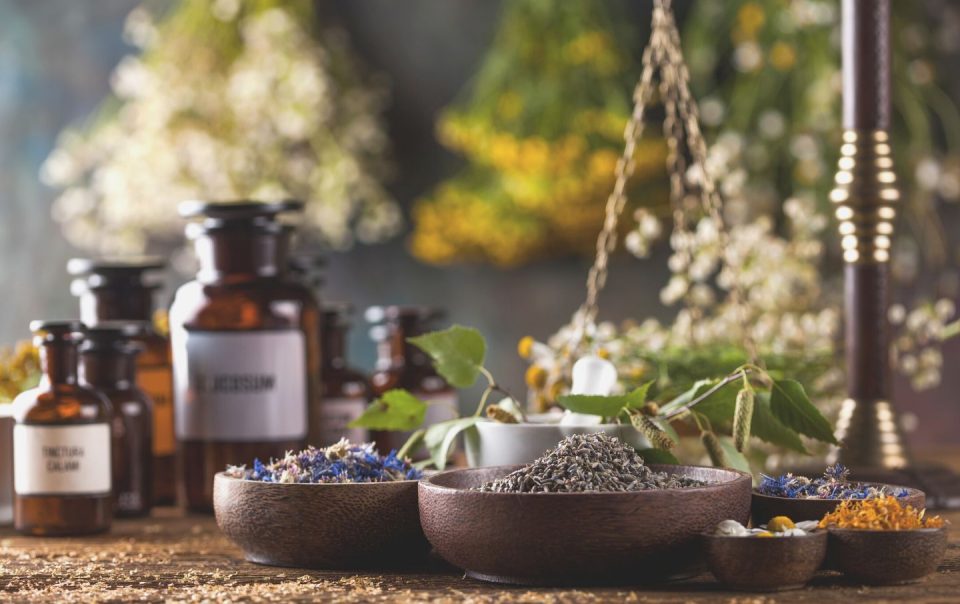 herbs medicine, natural remedy and mortar on vintage wooden desk